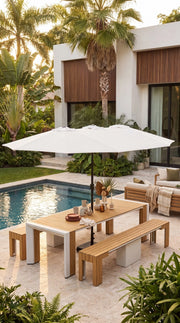 Transformer Table outdoor dining set with expandable table and matching benches on a patio