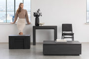 Transformer Table dining table shown in its compact configuration with a modern wood finish