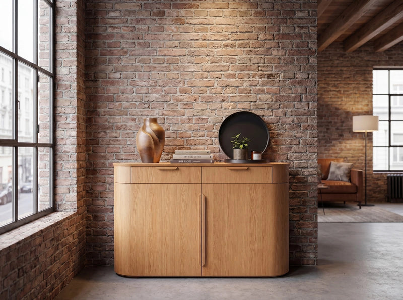 Transformer Table Eclipse sideboard buffet in a modern wood finish with spacious storage cabinets