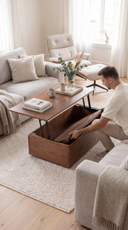 Transformer Table Transformer Coffee Table, adjustable wood table shown in compact configuration