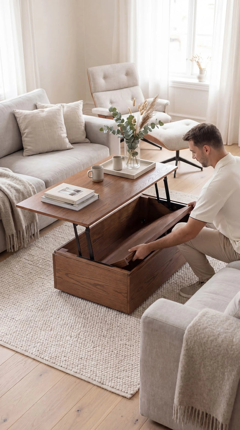 Transformer Table Transformer Coffee Table, adjustable wood table shown in compact configuration