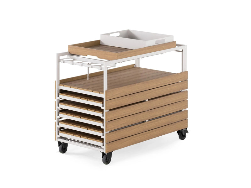 Transformer Table outdoor bar cart with two shelves and wheels in a patio setting