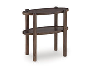 Ashley Furniture Wiattbury accent end table with a wooden top and metal legs, shown from an angled side view.