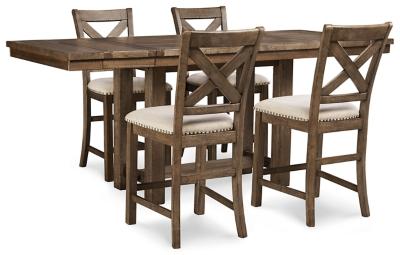 Ashley Furniture Moriville counter height dining set with four chairs and a rectangular table in a modern dining room.