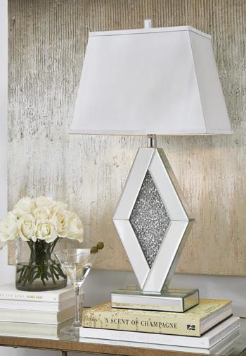 Ashley Furniture Prunella Table Lamp Set with two elegant lamps featuring fabric shades and brushed metal bases.