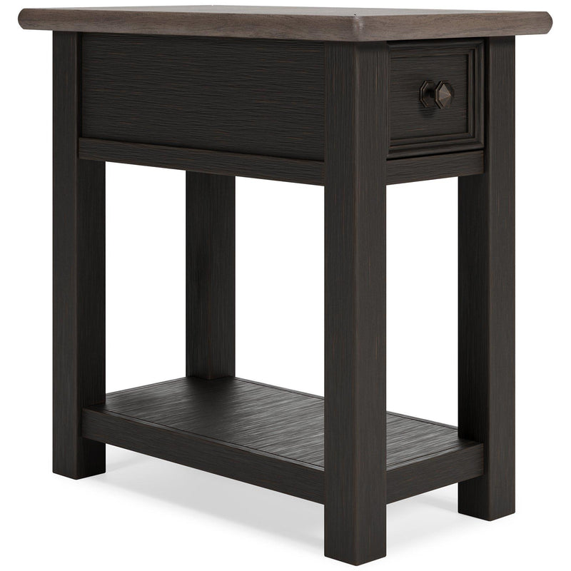 Set of Ashley Furniture Tyler Creek Occasional Tables showing two wooden tables with dark finishes and modern design.