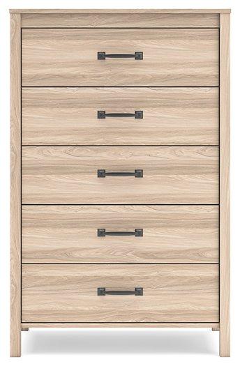 Ashley Furniture Battelle chest of drawers showing a modern wooden chest with multiple drawers and sleek handles.