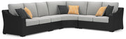 Outdoor sectional by Ashley Furniture featuring beige cushions and a stylish wicker frame for outdoor lounging.