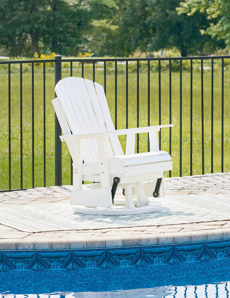 Ashley Furniture Hyland Wave Outdoor Swivel Glider Chair for outdoor dining, featuring a comfortable cushioned seat and stylish design.