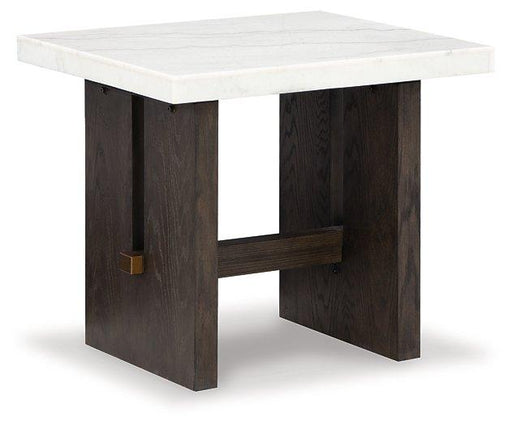 Ashley Furniture Burkhaus End Table with a wooden finish and sleek design, perfect for living room or bedroom decor.