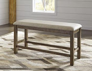Moriville Counter Height Dining Set by Ashley Furniture, includes a dark wood table with four matching chairs in a modern dining room setting.