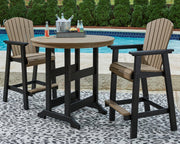 Outdoor dining set by Ashley Furniture featuring a sturdy table and matching chairs, perfect for outdoor meals and gatherings.