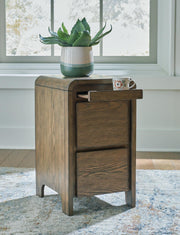 Ashley Furniture Jensworth accent table with a wooden top and metal legs, ideal for living room or bedroom decor.