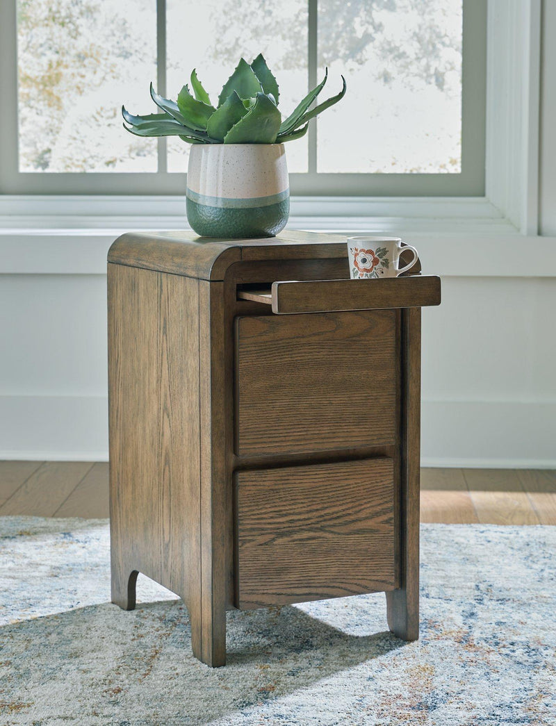 Ashley Furniture Jensworth accent table with a wooden top and metal legs, ideal for living room or bedroom decor.