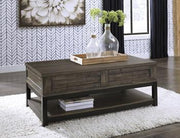 Ashley Furniture Johurst Occasional Table Set featuring two modern wooden tables with sleek metal legs.