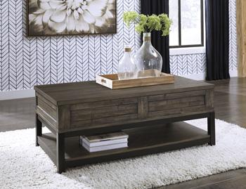 Ashley Furniture Johurst Occasional Table Set featuring two modern wooden tables with sleek metal legs.