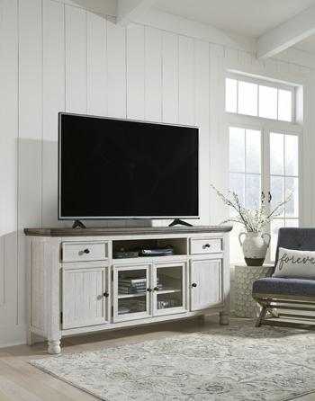 Ashley Furniture Havalance TV Stand with open shelves and storage compartments for modern living room decor.