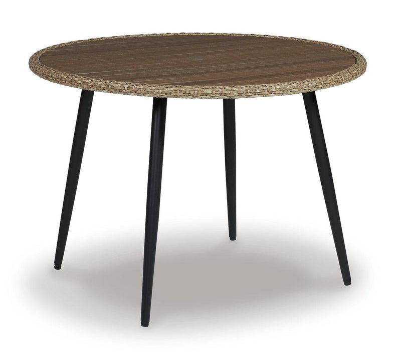 Outdoor dining set by Ashley Furniture with a table and six chairs, perfect for outdoor entertaining and family meals.
