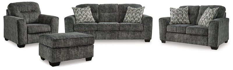 Ashley Furniture Lonoke living room set with sofa and chairs, featuring neutral upholstery and modern design.