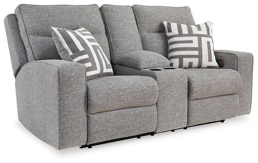 Ashley Furniture Biscoe Power Reclining Loveseat with plush cushions and dark upholstery, designed for comfort and style.