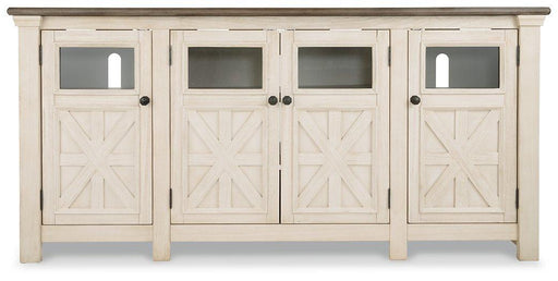 Bolanburg 74-inch TV stand by Ashley Furniture with open shelves and storage cabinets in dark wood finish.