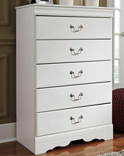 Ashley Furniture Anarasia chest of drawers with six spacious wooden drawers and decorative hardware.