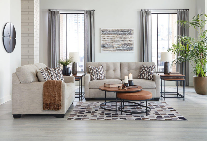 Ashley Furniture Mahoney living room set with sofa, loveseat, and armchair in a modern fabric design.