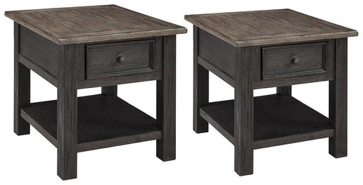 Ashley Furniture Tyler Creek End Table Set with two wooden tables featuring a dark finish and modern design.