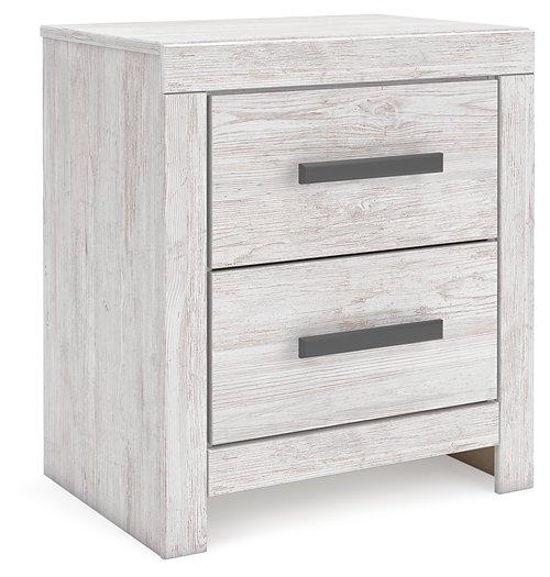 Ashley Furniture Cayboni nightstand with a dark wood finish and modern design, featuring a drawer and open shelf for bedside storage.