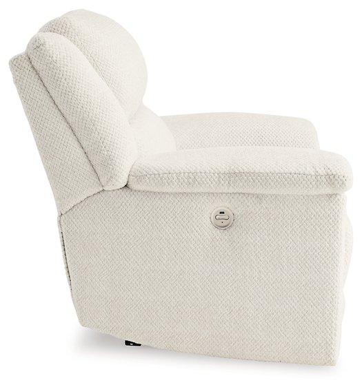 Ashley Furniture Keensburg oversized power recliner with plush cushioning and dark upholstery, showing its comfortable and spacious design.