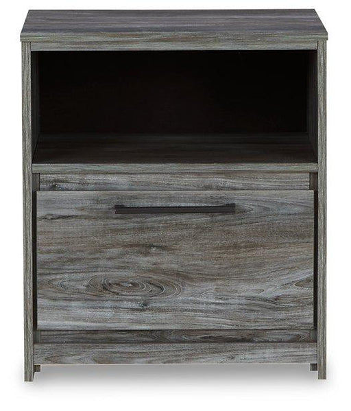 Ashley Furniture Baystorm nightstand with a modern design, featuring a dark wood finish and sleek drawer handles.