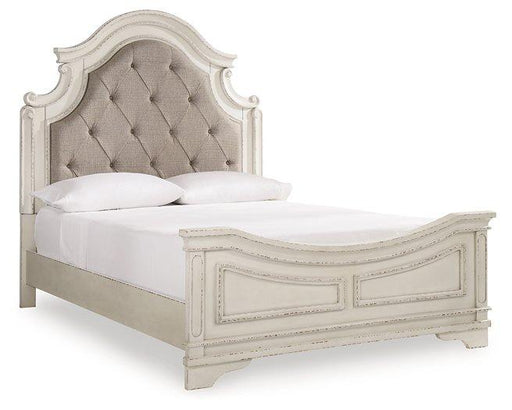 Ashley Furniture Realyn upholstered bed with a padded headboard and neutral fabric, showcasing elegant bedroom furniture design.