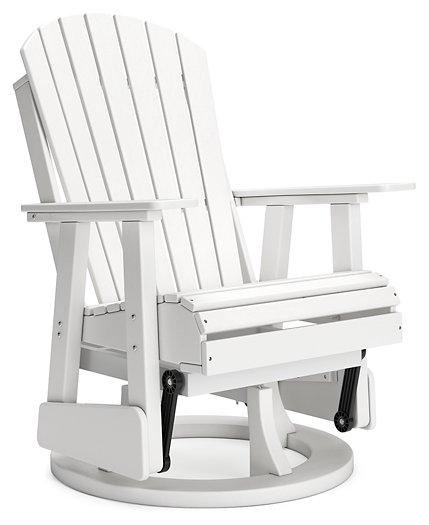 Ashley Furniture Hyland Wave outdoor swivel glider chair with cushioned seat and back for comfortable outdoor dining and relaxation.