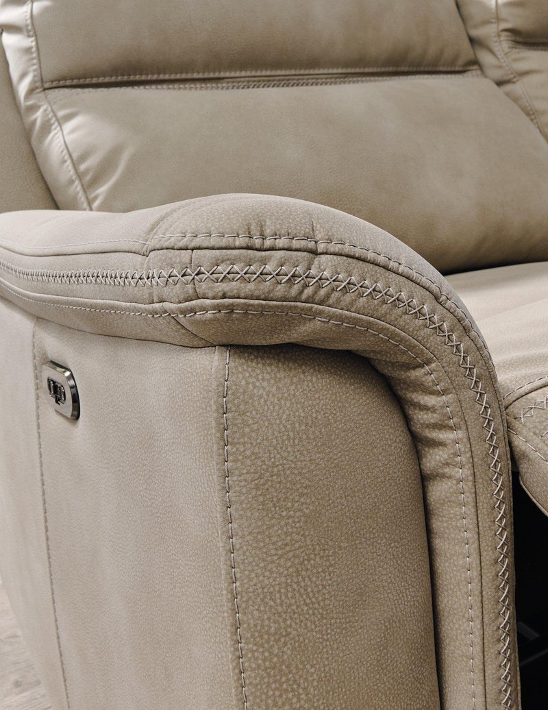 Ashley Furniture Next-Gen DuraPella Power Reclining Loveseat with Console, showing plush upholstery and built-in cup holders.