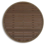 Outdoor dining table from Ashley Furniture with a wooden top and metal legs, perfect for outdoor gatherings and meals.