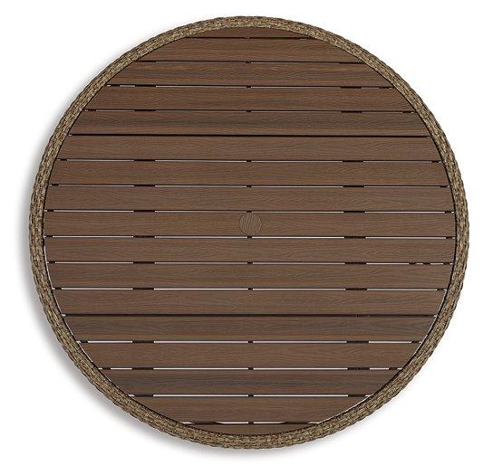 Outdoor dining table from Ashley Furniture with a wooden top and metal legs, perfect for outdoor gatherings and meals.