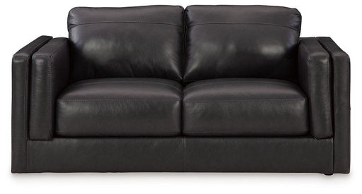 Ashley Furniture Amiata loveseat with plush fabric and cushioned armrests, perfect for cozy living room seating.
