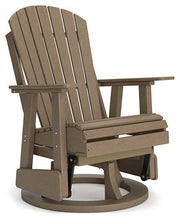 Ashley Furniture Hyland Wave outdoor swivel glider chair with cushioned seat and backrest, perfect for outdoor dining and relaxation.
