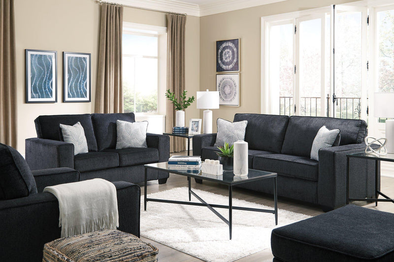 Ashley Furniture Altari living room set featuring a sofa, loveseat, and armchair with neutral upholstery and wooden accents