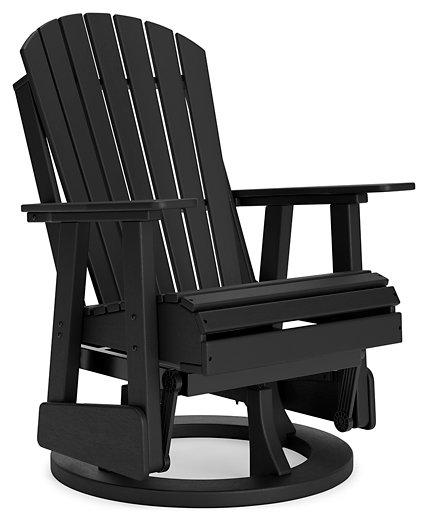 Ashley Furniture Hyland Wave outdoor swivel glider dining chair with cushioned seating and armrests, ideal for outdoor patio use.