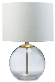 Ashley Furniture Samder table lamp set with two stylish beige lamps featuring fabric shades and wooden bases.