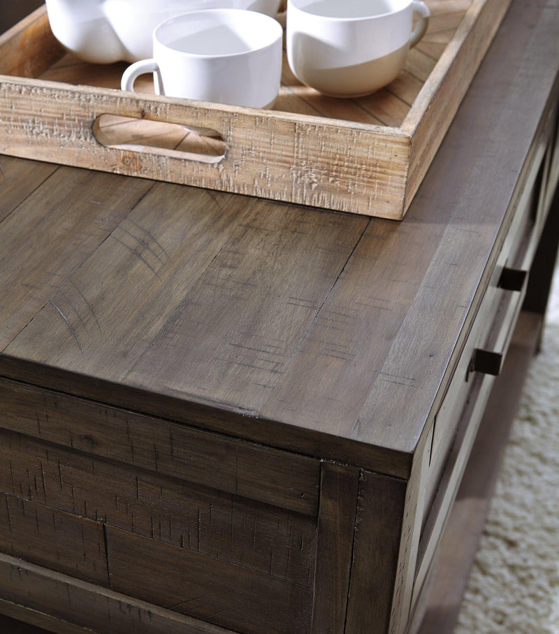 Ashley Furniture Johurst sofa console table with a sleek wooden surface and modern design, ideal for living room decor.