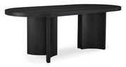 Ashley Furniture Rowanbeck Dining Package with table and six chairs in a modern dining room setting.
