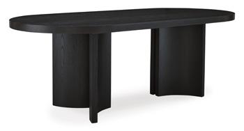 Ashley Furniture Rowanbeck Dining Package with table and six chairs in a modern dining room setting.
