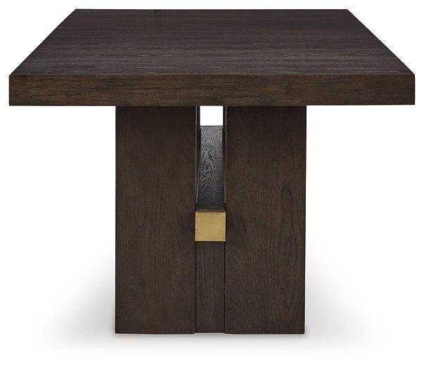 Ashley Furniture Burkhaus Dining Extension Table showing wooden surface and extended leaves for versatile dining space.