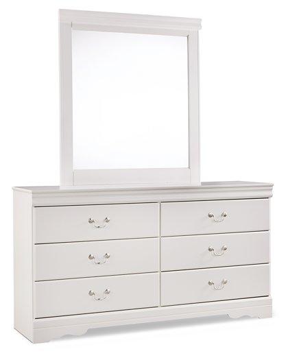 An Anarasia dresser and mirror set from Ashley Furniture featuring a wooden dresser with a matching framed mirror.