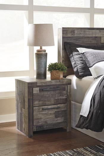 Ashley Furniture Derekson nightstand with a dark wood finish and modern design, featuring a single drawer and open shelf.