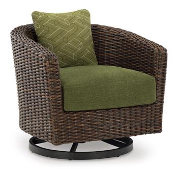 Ashley Furniture Horizon Hall outdoor swivel lounge chair with cushion, featuring a modern design and comfortable seating.