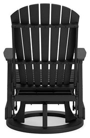 Ashley Furniture Hyland Wave outdoor swivel glider chair with cushioned seat and back for comfortable outdoor dining and relaxation.