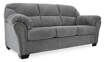 Ashley Furniture Allmaxx sofa with plush cushions and modern design, featuring neutral upholstery and sleek wooden legs.